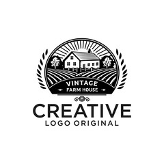 Vintage Farm Buildings vector illustration in retro woodcut style 