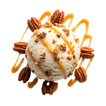 Delicious scoop of ice cream topped with caramel and nuts served creatively