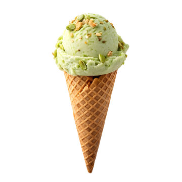 Delicious green pistachio ice cream served in a crispy cone