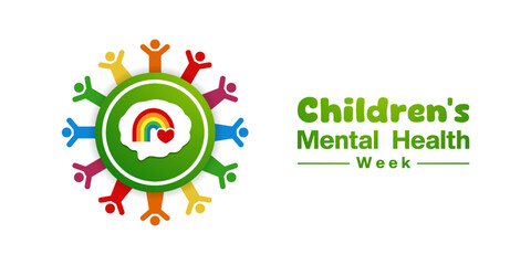 May Is Childrens Mental Health Week. Children, brain, rainbow and heart. Suitable for posters, banners, social media and more. White background.