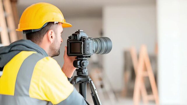 A professional video depicts a male construction photographer in safety vest and helmet taking inspection shots with a dslr on tripod inside an unfinished building. Concept of engineering documentatio