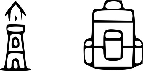 Simple Black and White Illustrations of a Tower and a Backpack Ideal for Children's Books or Educational Materials