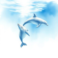 Serene Dolphins: Watercolor Painting of Two Graceful Dolphins Underwater