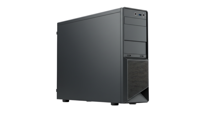 A close up shot of a black computer tower on a black background in a studio setting view from the side