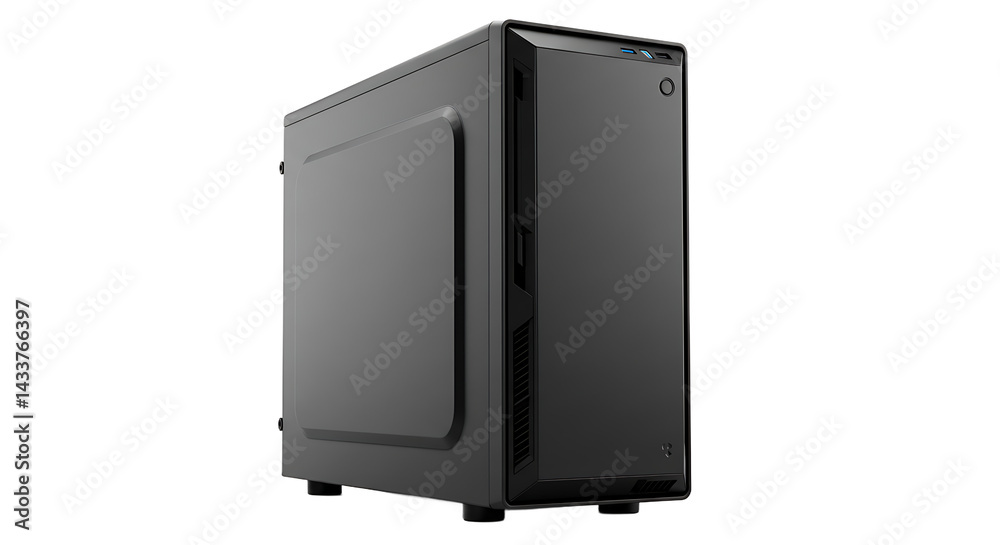 Poster a sleek and modern black computer tower case on a black background in a studio setting view from lef