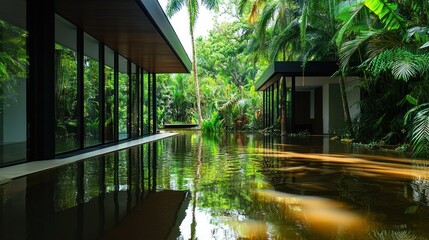 Modern architecture blending seamlessly with the lush tropical landscape reflections