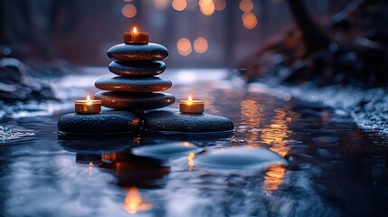 Obraz premium Calm stones, burning candles, tranquil stream