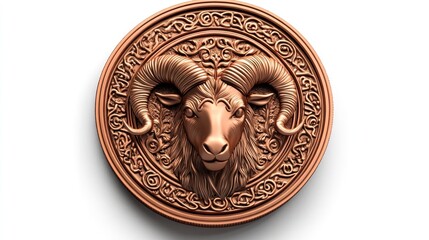 Bronze ram head medallion, Celtic design, white background, decor