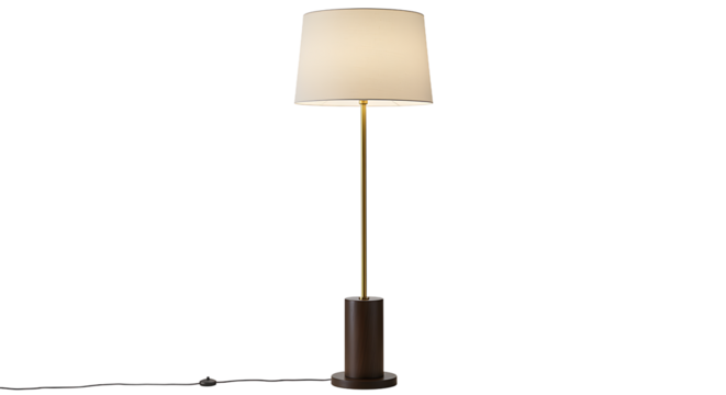 A floor lamp with a white lampshade and a brown base against a black background in a studio shot