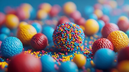 Colorful Candy Balls with Sprinkles on Blue Background