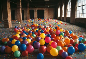 Colorful Balloons and Confetti in an Empty Industrial Space