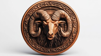 Bronze ram head medallion, studio shot, white background, zodiac symbol