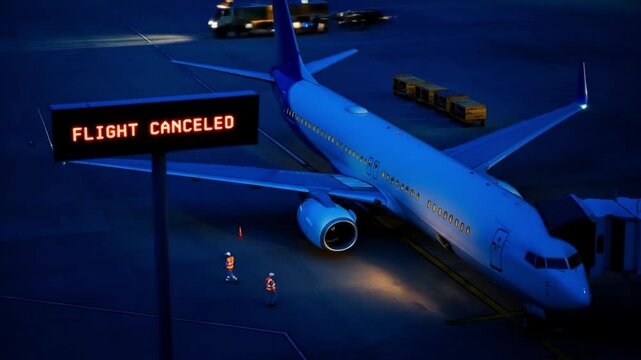 Flight cancellation concept blue airplane on tarmac with flight cancelled sign. Travel, transportation, aviation industry, airline industry, cancellations, travel disruptions, stranded passengers.