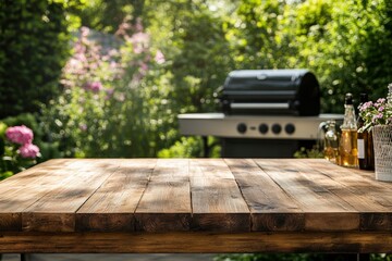 Obraz premium Wooden Table with Grill in a Garden