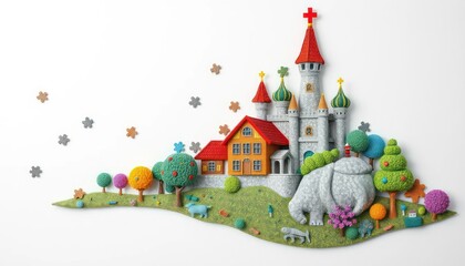 Colorful miniature landscape with castle and elephant