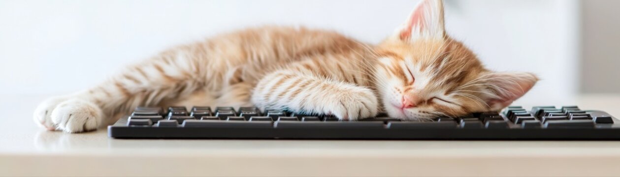 A cute, sleeping cat rests on a computer keyboard, capturing a moment of tranquility in a cozy workspace.