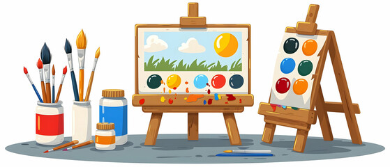 Art supplies with easels, and paint.