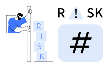 Man assessing risk with blocks and scale, alert symbol, metadata tag. Ideal for business strategy, risk management, caution, decision-making, analytics, data visualization simple landing page