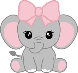 Cute cartoon baby elephant with pink bow sitting down