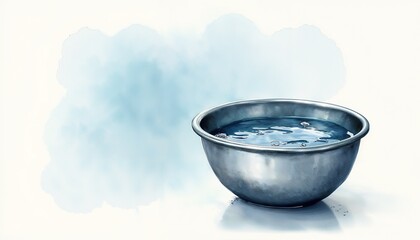 Stainless steel bowl filled with water on soft watercolor background and copy space