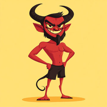 Confident Cartoon Devil Mascot with Red Skin, Horns, Beard, and Muscular Body, Vector Character Illustration on Light Background