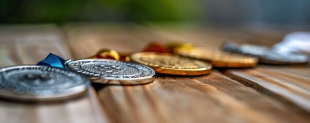 A close-up image of various medals displayed on a wooden surface, showcasing different colors and intricate designs.