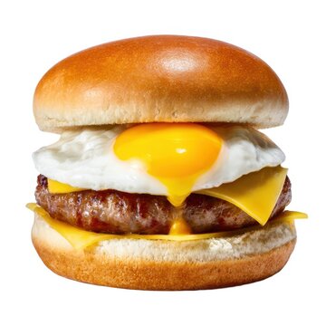 Delicious burger with egg and cheese on white background
