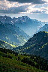 Obraz premium mountains with green grass and trees in the foreground