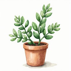 Watercolor illustration of a potted Zamioculcas zamiifolia plant, houseplant in terracotta pot