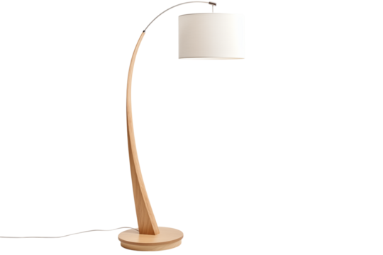 A curved wooden floor lamp with a white lampshade against a transparent background in a studio setting png