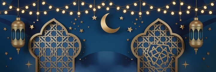 Naklejka premium Mesmerizing Ramadan Background with Deep Blue Gradient Islamic Ornaments Golden Lanterns Soft Glowing Crescent Moon Enhancing Sacred Atmosphere of the Holy Month with Elegant Minimalistic Decorations