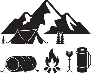 Camping Equipment Icons Mountain Scene Silhouette