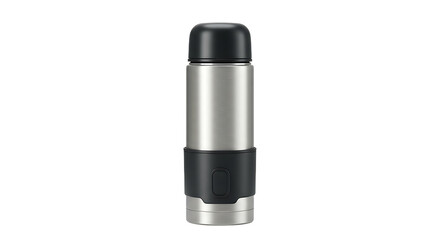 A stainless steel thermos with a black top and base against a plain black background in a studio shot