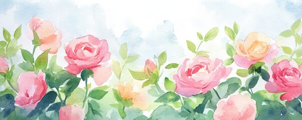 A vibrant watercolor illustration of blooming roses in soft pink and yellow hues, surrounded by lush green leaves against a gentle backdrop.
