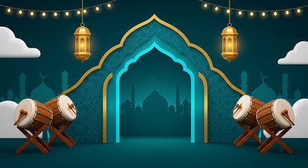 Ramadan Background with Drum, Lantern and Arch