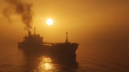 Fototapeta premium Naval cargo ship sailing through international waters at dawn