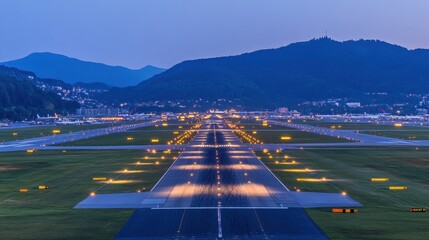 Fototapeta premium Night view of airport runway with lit path guiding landing aircraft