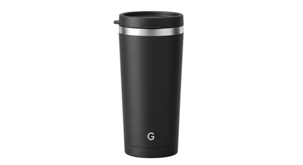 Isolated black tumbler with lid and silver accent band against a black background product shot