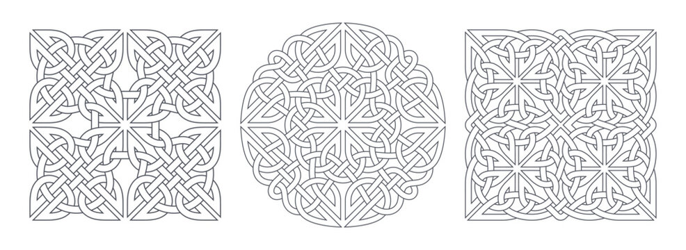 Celtic square and circular knots. Geometric decorative ornament design.