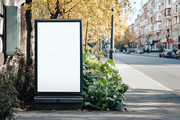 Blank advertising billboard on a city sidewalk, ready for promotion. Urban advertisement space with an empty poster to show a message