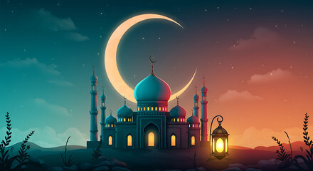 Mosque with Crescent Moon at Night