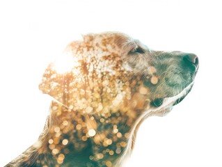 Fototapeta premium A serene dog silhouette merged with a sparkling, nature-themed background, creating a dreamlike and artistic effect.