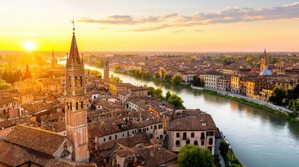 Obraz premium A stunning sunset view over a picturesque cityscape, featuring a river winding through charming buildings and historic architecture.