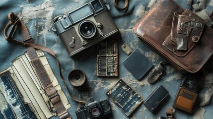 Fototapeta premium Vintage Camera and Leather Accessories Flat Lay