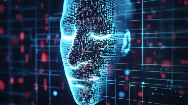 Digital face artificial intelligence technology data futuristic glowing blue cyber virtual network innovation science abstract computer grid modern emotionless 3D wireframe concept combined with