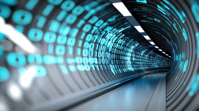 Futuristic digital tunnel with glowing blue binary code and abstract technology data stream, creating dynamic cyberspace scene of high speed innovation, virtual information, and modern science
