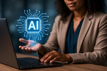 Naklejka premium Businesswoman interacting with virtual artificial intelligence circuit icon at modern workspace