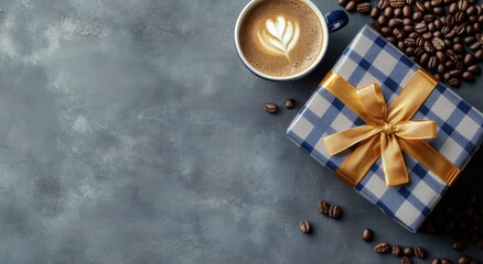 A cup of coffee with latte art, a wrapped gift, and coffee beans on a gray background