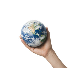 nature conservation concept. Hand holding a globe symbolizing environmental awareness. isolated on white background