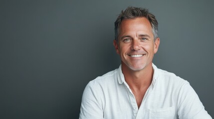 Smiling man in casual shirt against gray backdrop (2)